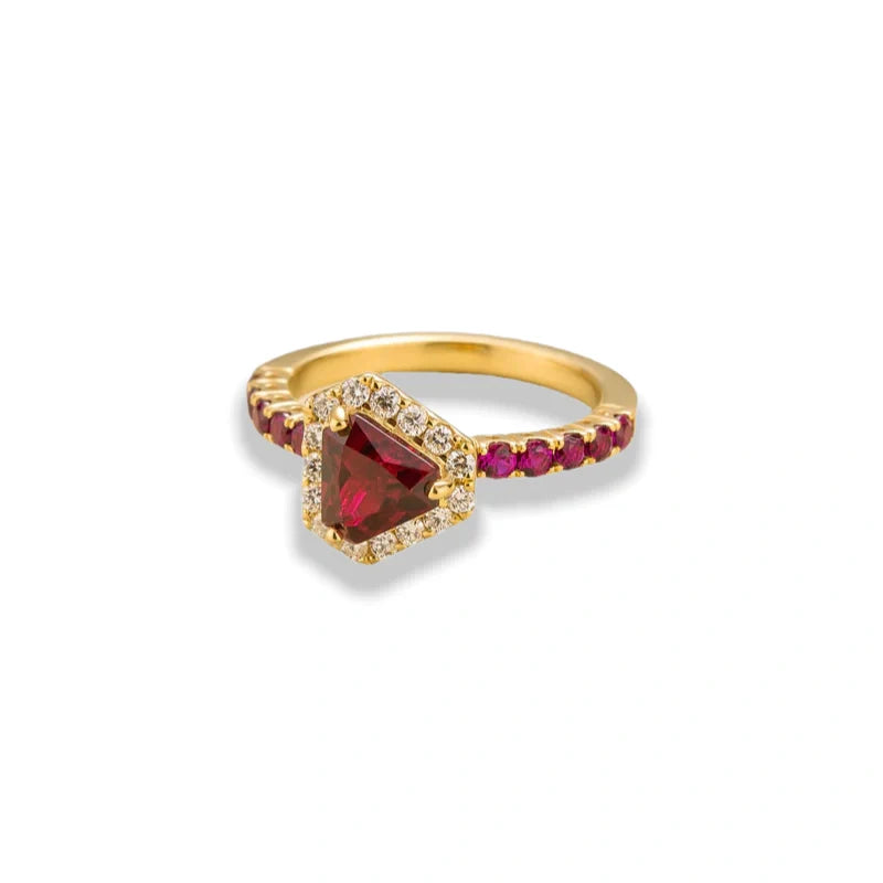 Tonglin Triangle halo ring in gold set with Ruby and Diamond gemstones