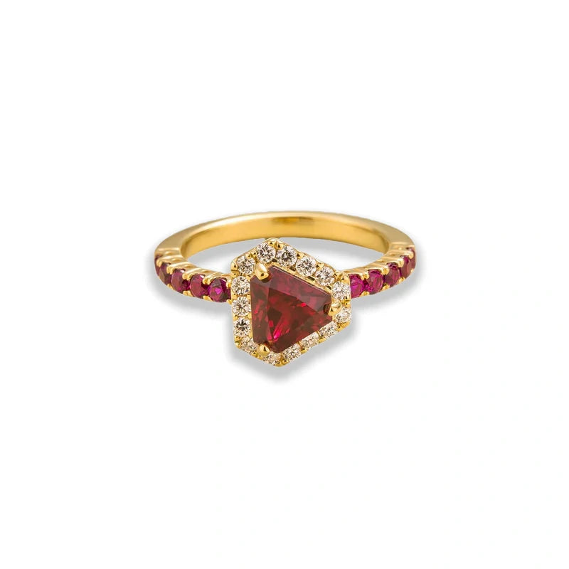 Tonglin Triangle halo ring in gold set with Ruby and Diamond gemstones