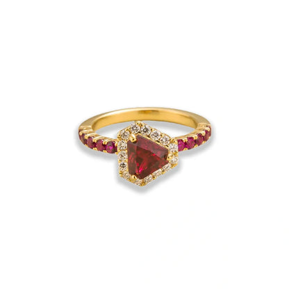 Tonglin Triangle halo ring in gold set with Ruby and Diamond gemstones