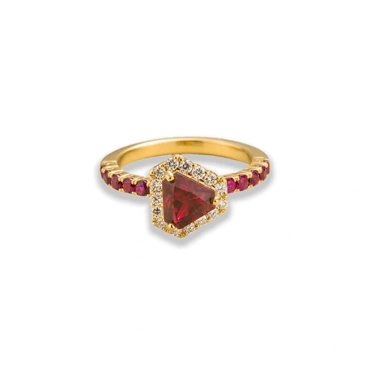 Tonglin Triangle halo ring in gold set with Ruby and Diamond gemstones