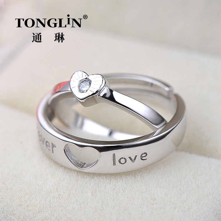 Tonglin Heart Engrave Adjustable Silver Engagement Rings For Couples