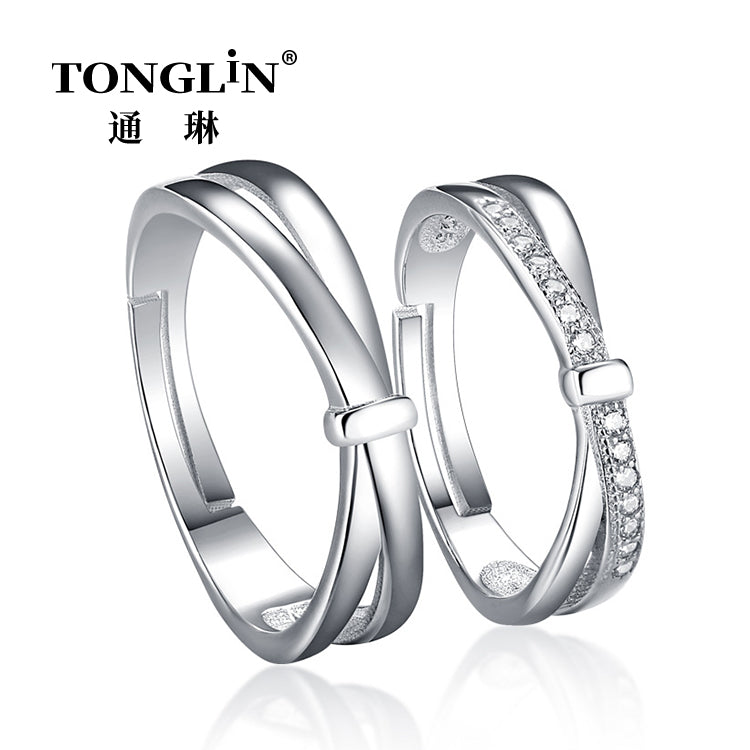 Tonglin Adjustable Cubic Zirconia Real Silver Couple Ring For Lovers