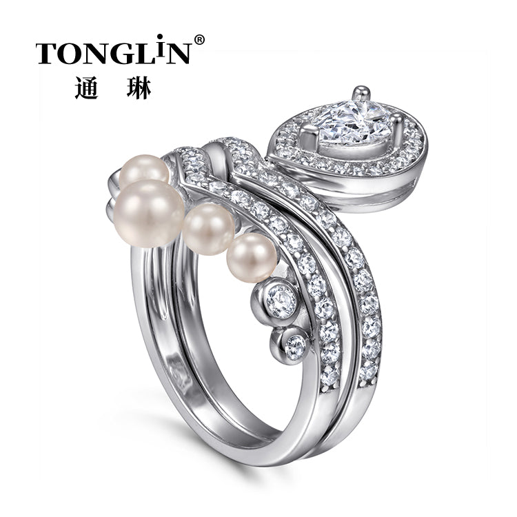 Tonglin Pear Shape Cubic Zirconia Silver Pearl Engagement Ring Set