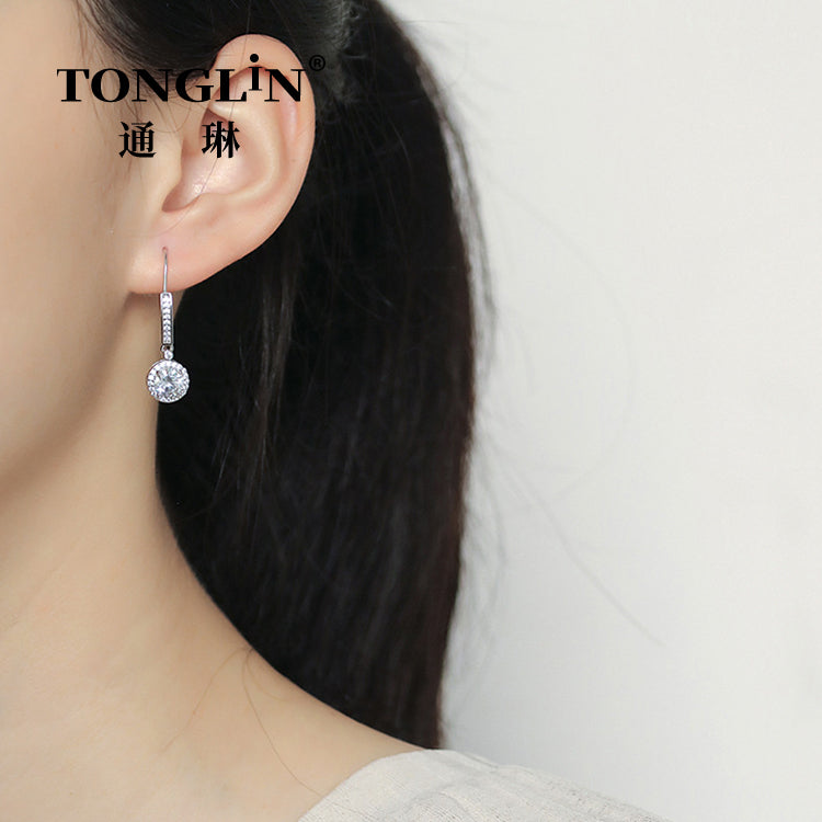 Tonglin Sterling Silver Long Stud Zircon Hoop Earrings